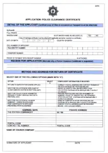 Official SAPS application form required to apply for a South African Police Clearance Certificate (PCC) from Canada.